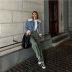 Damen modische Denimjacke mit Fellkragen und oversized Schnitt R&B