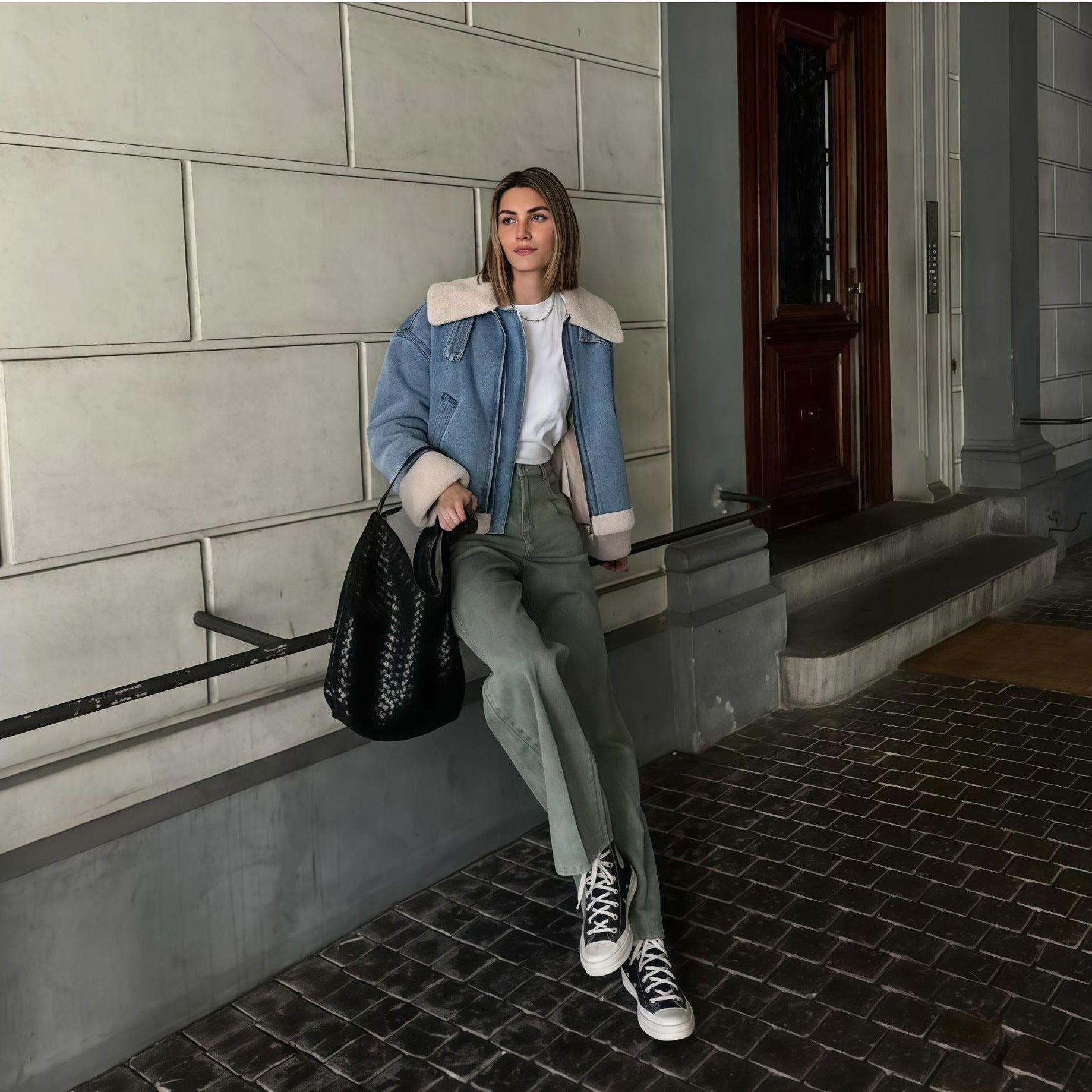 Damen modische Denimjacke mit Fellkragen und oversized Schnitt R&B
