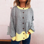 Damen lässige Strickjacke mit buntem Kontrast und eleganten Knopfdetails R&B