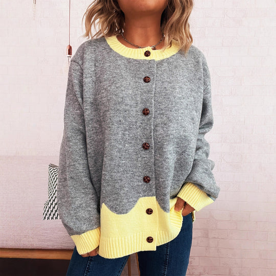Damen lässige Strickjacke mit buntem Kontrast und eleganten Knopfdetails R&B