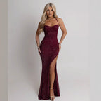 Damen Abendkleid mit schimmerndem Paillettenbesatz und verführerischem Schlitz EB