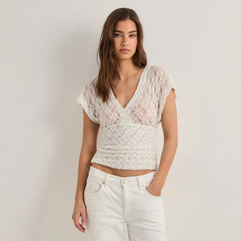 Damen Elegantes Spitzenoberteil mit V-Ausschnitt und weitem Schnitt R&B