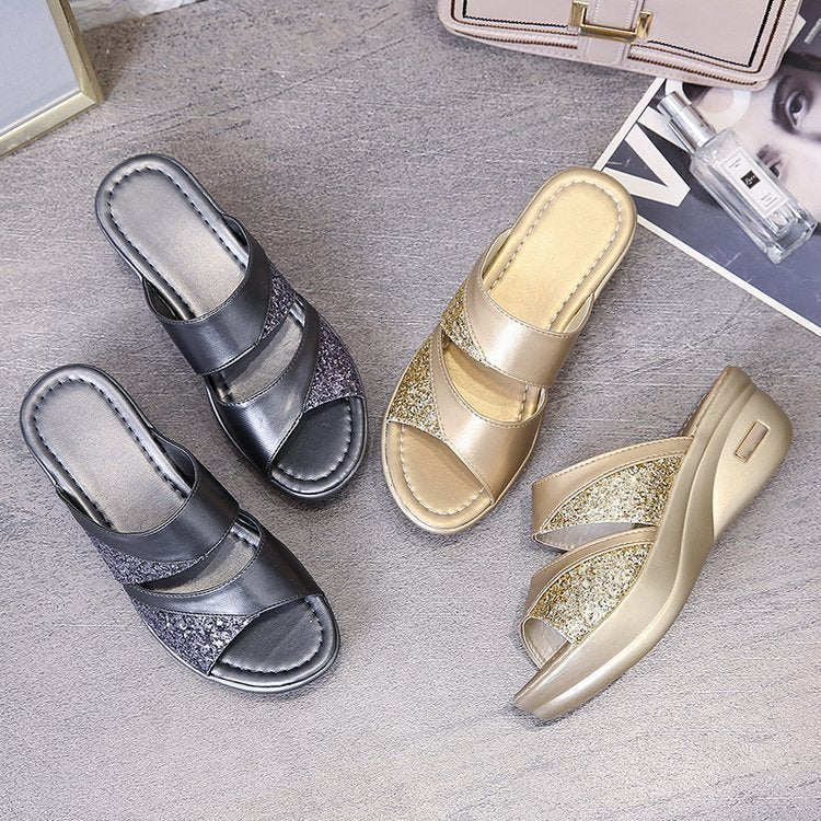 Damen modische Plateau-Sandalen mit Glitter und elastischen Riemen R&B