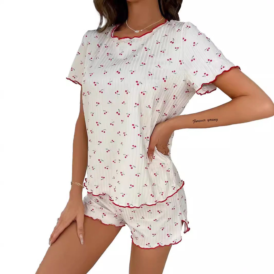 Damen Schlafanzug Set mit elegantem Spitzendetail und fröhlichem Kirschmuster R&B