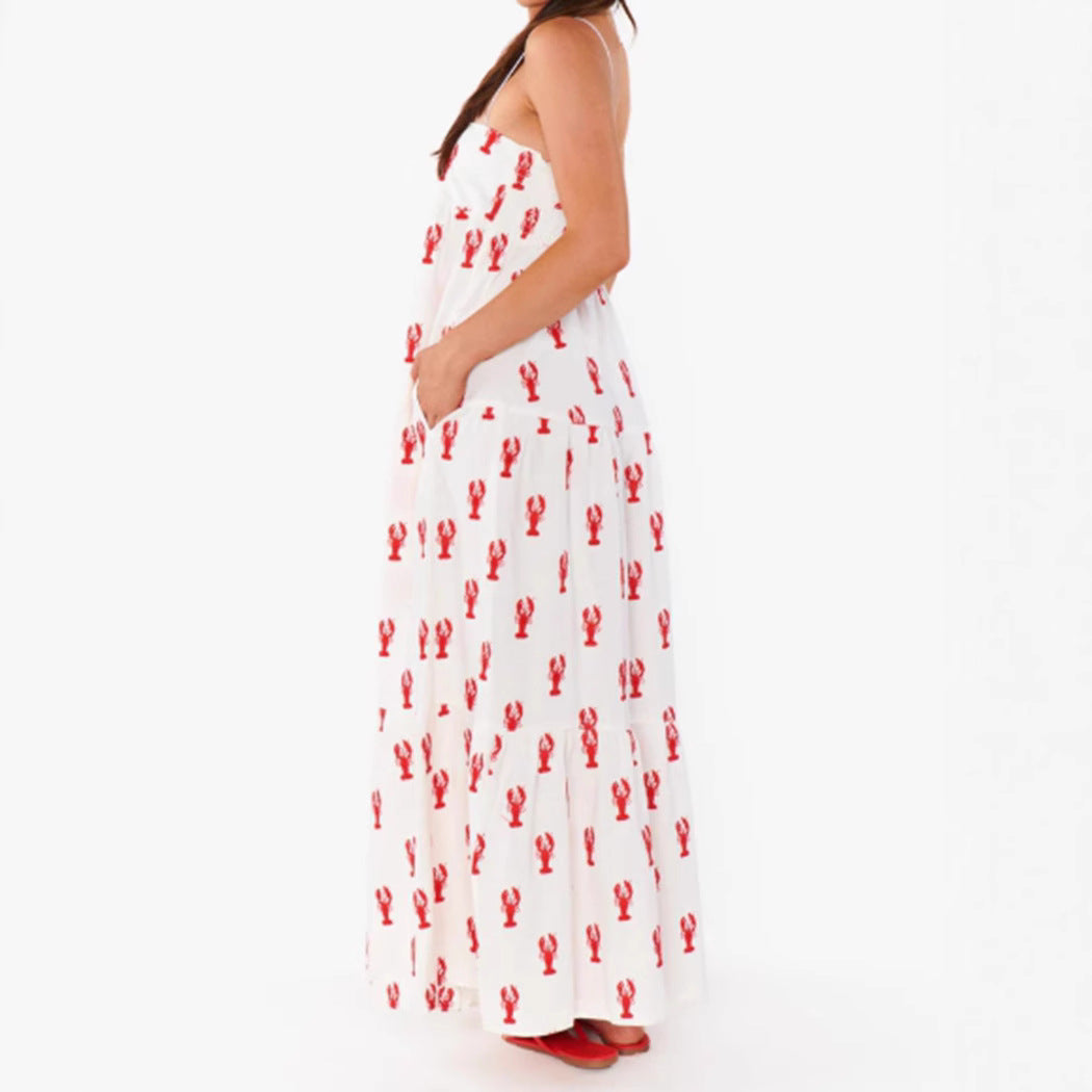 Damen nan trägerloses Bandeau-Maxikleid mit gestuftem Volantrock und maritimem Hummer-Motiv R&B