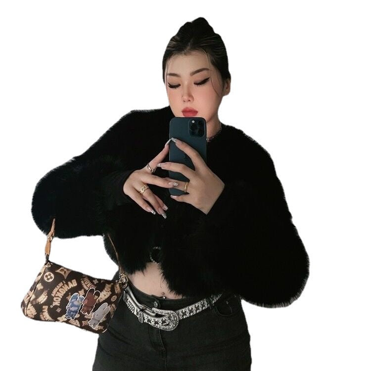 Damen kunstvoller Kurzüberwurf aus Kunstfell mit voluminösen Ärmeln R&B