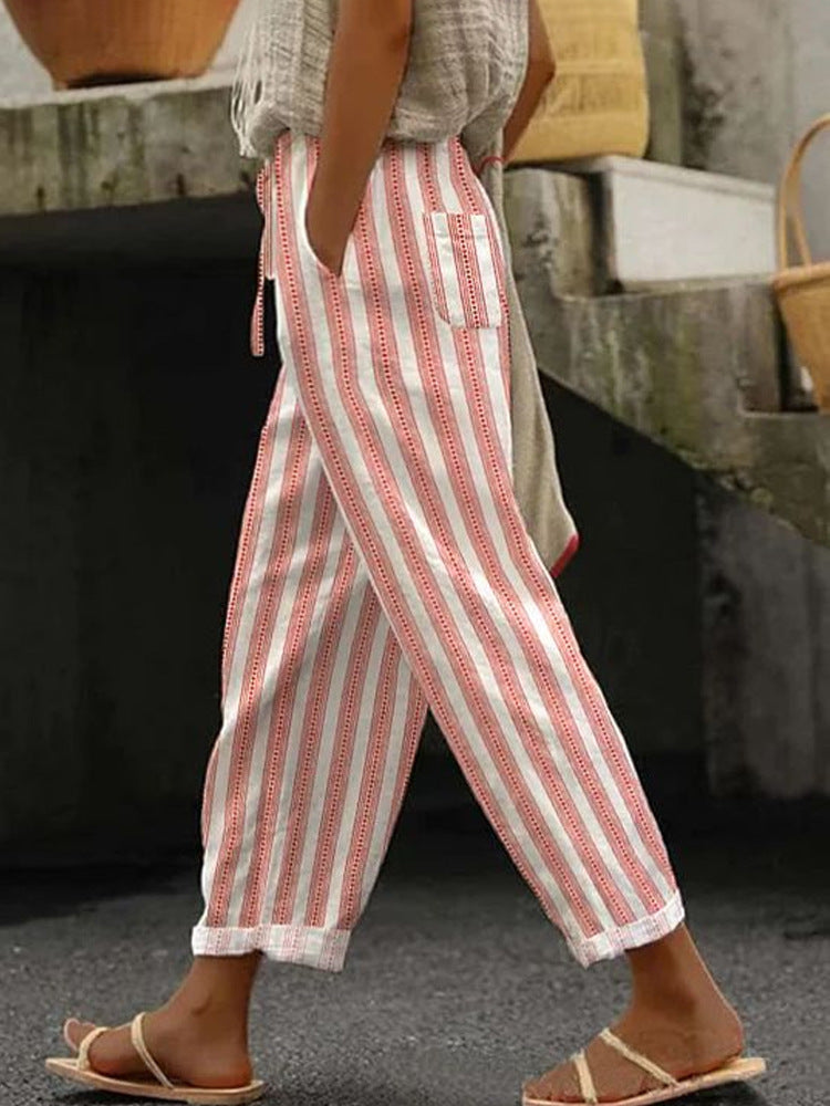 Damen Weite Leinenhose mit handgewebtem Muster R&B