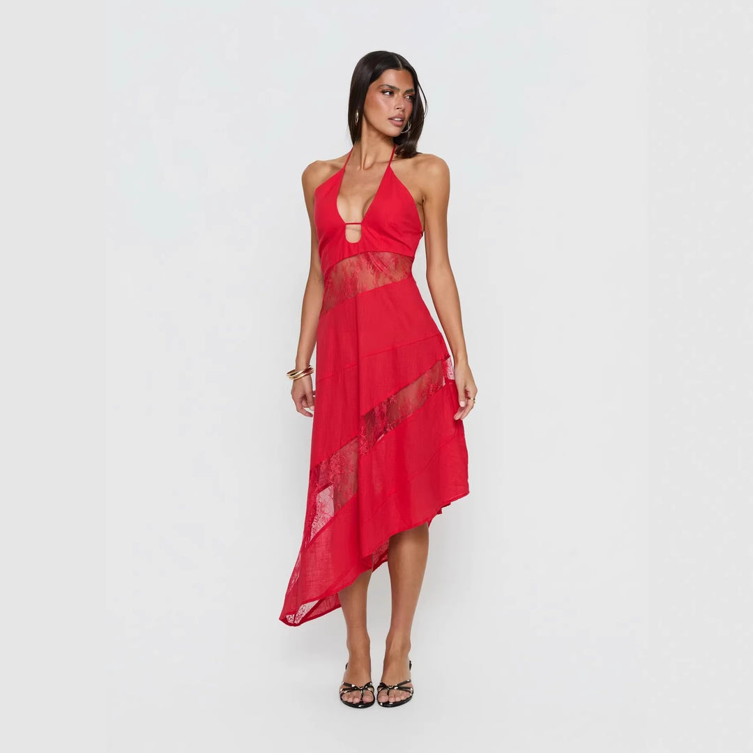 Damen Halterkleid mit transparenten Einsätzen und asymmetrischem Saum R&B