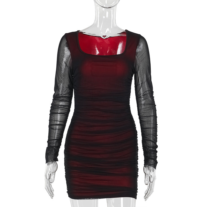 Damen figurbetontes Minikleid mit transparenten langärmeligen Einsätzen und Rüschendetails R&B