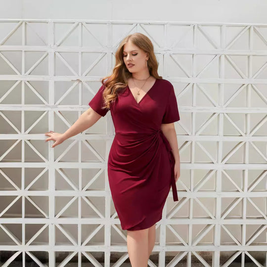Damen Figurbetontes Wickelkleid mit kurzen Ärmeln und V-Ausschnitt R&B