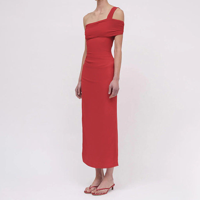 Damen Elegantes Maxi-Kleid mit asymmetrischem Ausschnitt und figurformendem Drapierungsdesign R&B