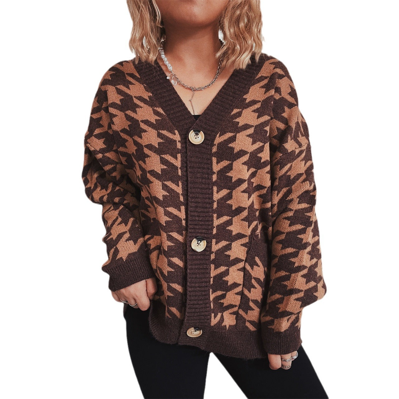 Damen gemütlicher Strickcardigan mit modernen Hahnentrittmuster und Knopfdetails R&B