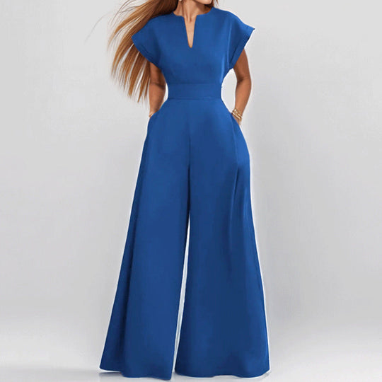 Damen Eleganter Jumpsuit mit Weitem Bein und Schalkragen R&B