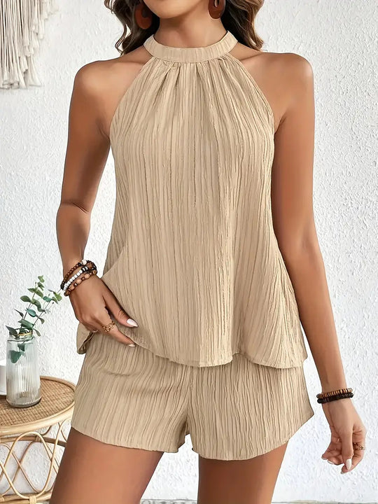 Damen elegantes Plisseeshort-Set mit hochgeschlossenem Kragen R&B