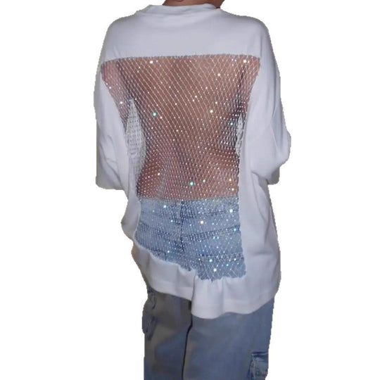 Damen nan Oversize-T-Shirt mit transparentem Netzrücken, Strassbesatz und Jeans-Print R&B