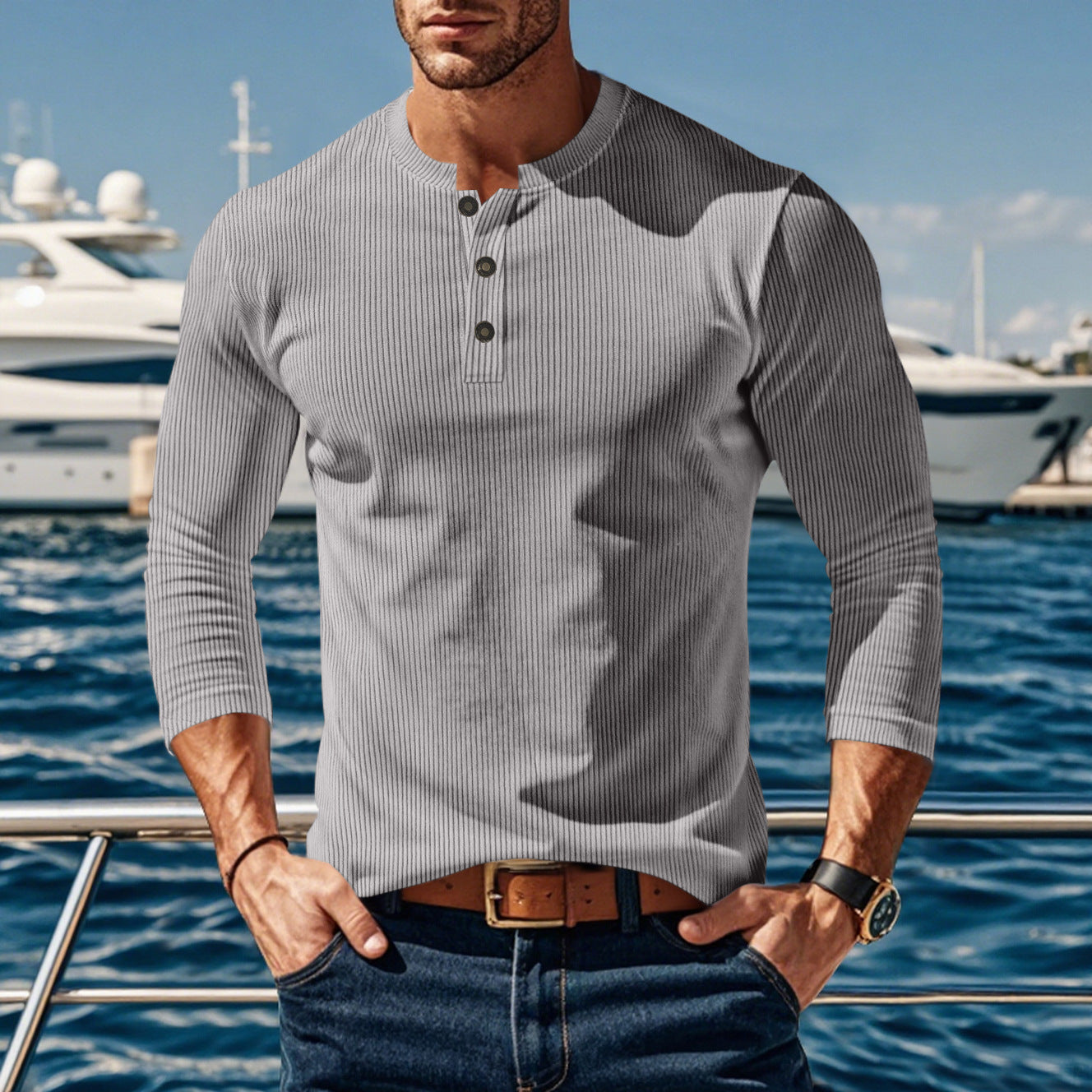 Herren Langarmshirt mit modischer Stehkragen und Knopfleiste R&B