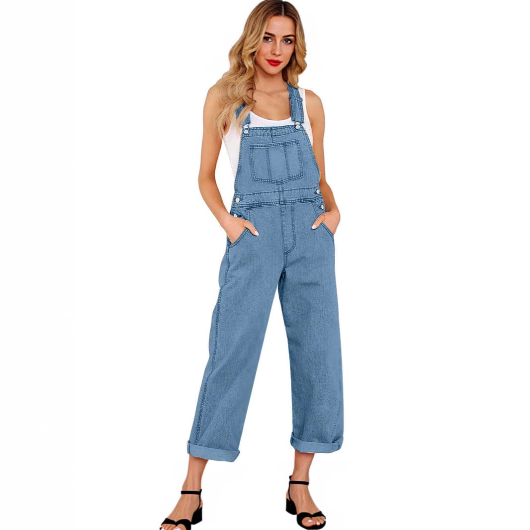 Damen lässige Denim-Latzhose mit praktischen Taschen und weiten Beinen R&B