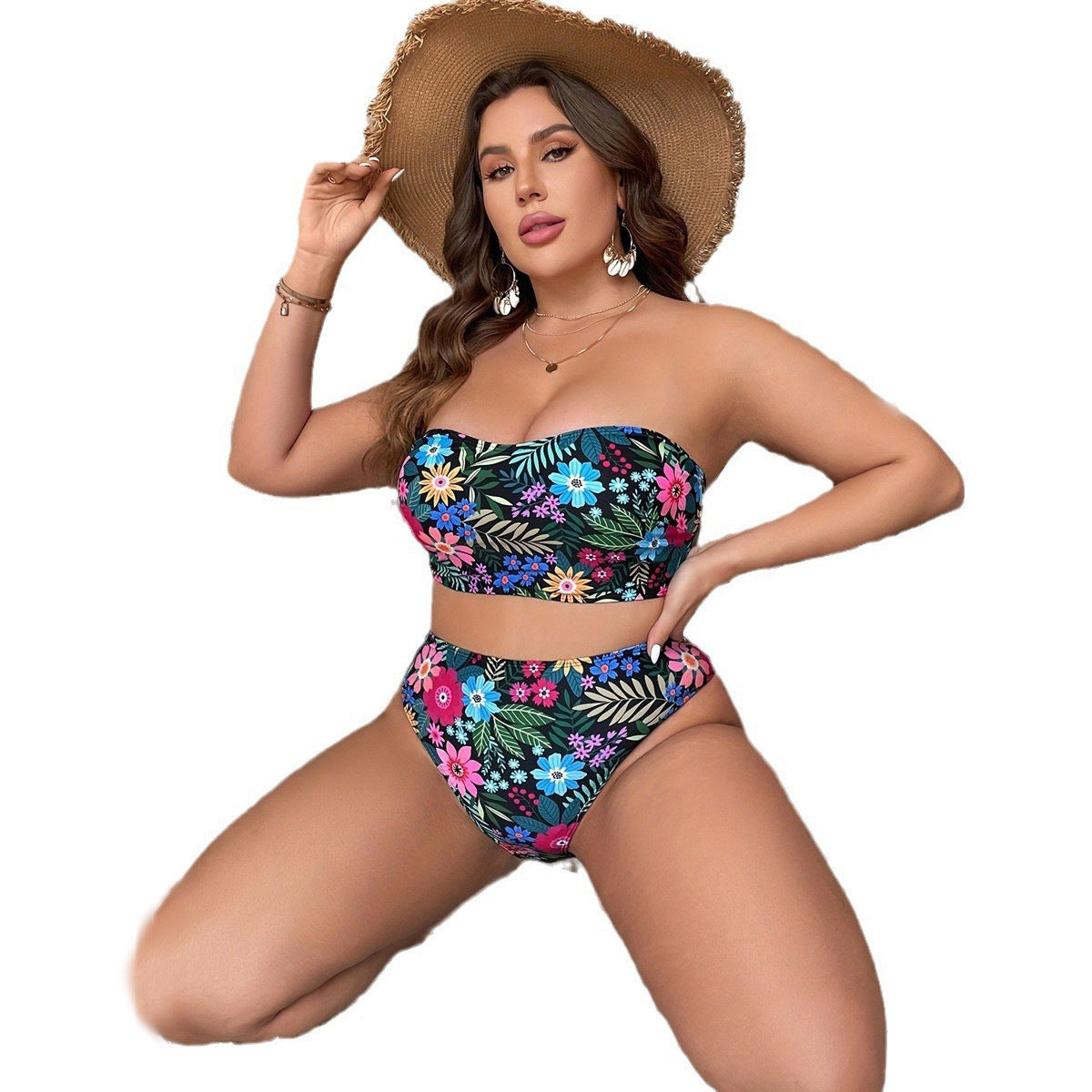 Damen Bandeau-Bikini mit floralem Design und hohem Bundeschnitt R&B