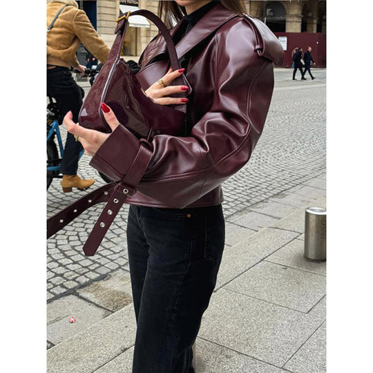 Damen modische Kunstlederjacke mit voluminösen Ärmeln R&B