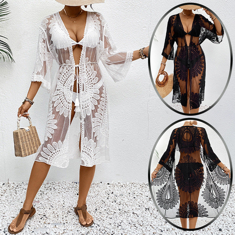 Damen transparente Häkel-Strandüberwurfjacke mit eleganten Motiven R&B