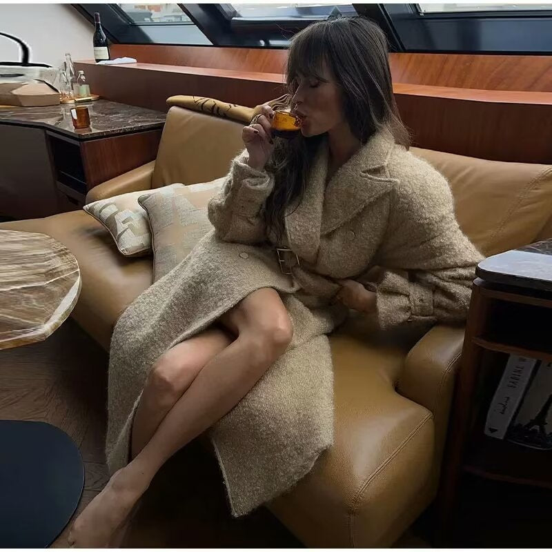 Damen elegante Wollmantel mit Gürteldetail R&B