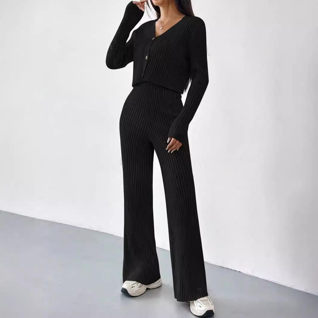 Damen elegantes Rippstrick-Set mit V-Ausschnitt und Knopfdetails R&B