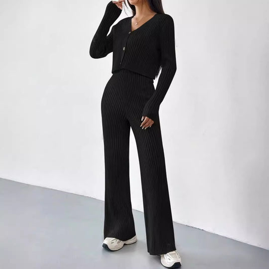 Damen elegantes Rippstrick-Set mit V-Ausschnitt und Knopfdetails R&B