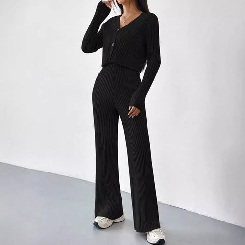 Damen elegantes Rippstrick-Set mit V-Ausschnitt und Knopfdetails R&B