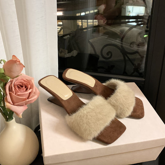 Damen Slipper mit luxuriösem Kunstfell und elegantem Blockabsatz R&B