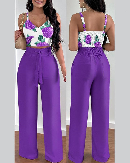 Damen Zweiteiliges Set aus floralem Oberteil und weiten Hosen R&B