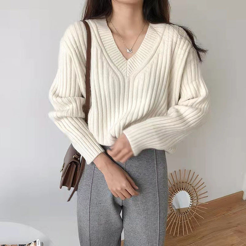 Damen Viskose-Strickpullover mit V-Ausschnitt und geripptem Design R&B