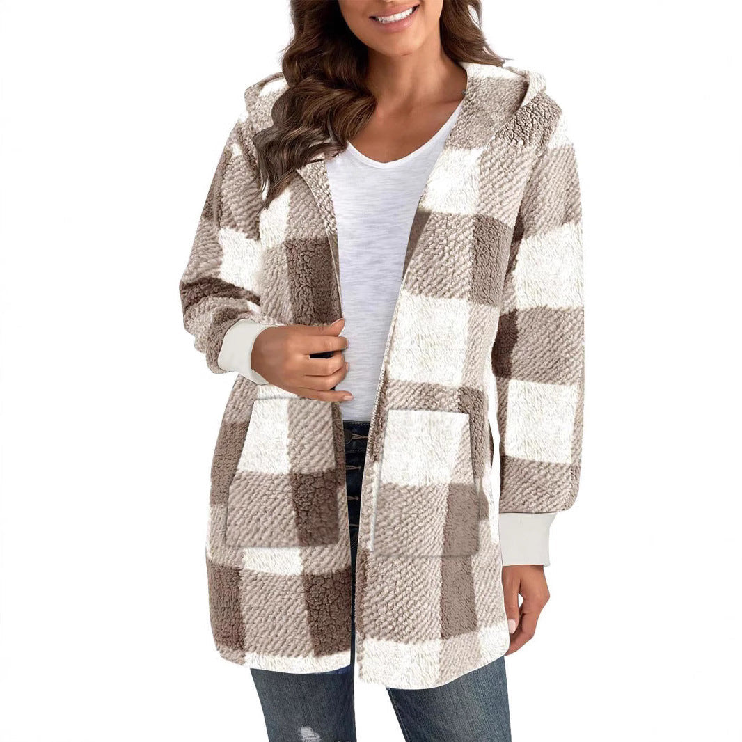 Damen Fleecejacke mit Karomuster und Kapuze R&B
