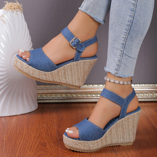 Damen Wedge-Sandaletten aus strapazierfähigem Denim mit stilvollem Riemendesign R&B