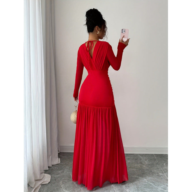 Damen Elegantes und figurbetontes Maxi-Kleid mit V-Ausschnitt und langen Ärmeln R&B