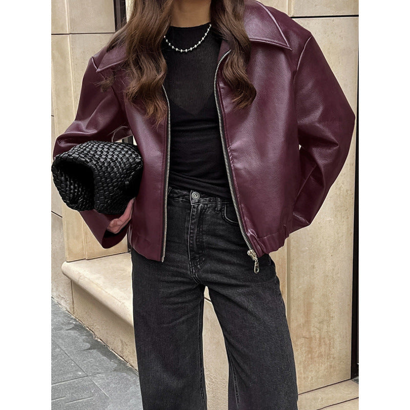 Damen Kunstlederjacke mit Oversized-Schnitt und klassischem Kragen R&B
