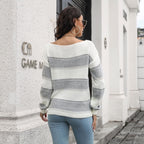 Damen Freizeit Pullover mit modernem Lochmuster und Streifen-Design R&B