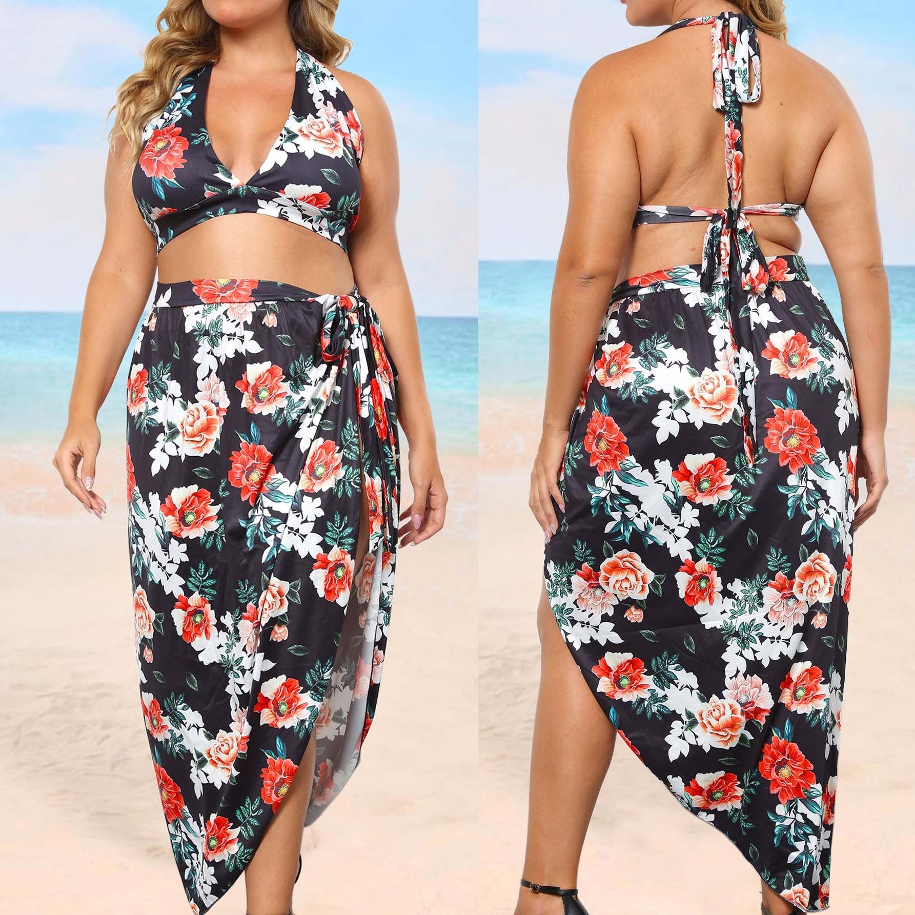 Damen Bikini-Oberteil mit floralem Design und hochgeschnittenem Rock R&B