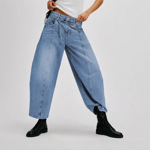 Damen Lässige Weite Denim-Hose mit Tunnelzug R&B