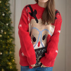 Damen festlicher Pullover mit weihnachtlichem Rentier-Motiv und lockerer Passform R&B
