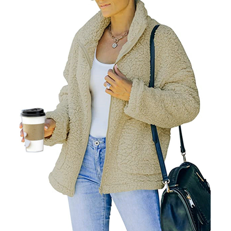 Damen kuschelige Fleecejacke mit Oversized-Schnitt und tiefem Kragen R&B