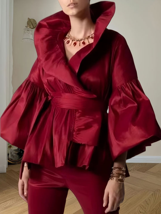 Damen Elegante Wickeljacke mit voluminösen Ärmeln und modernem Kragen R&B