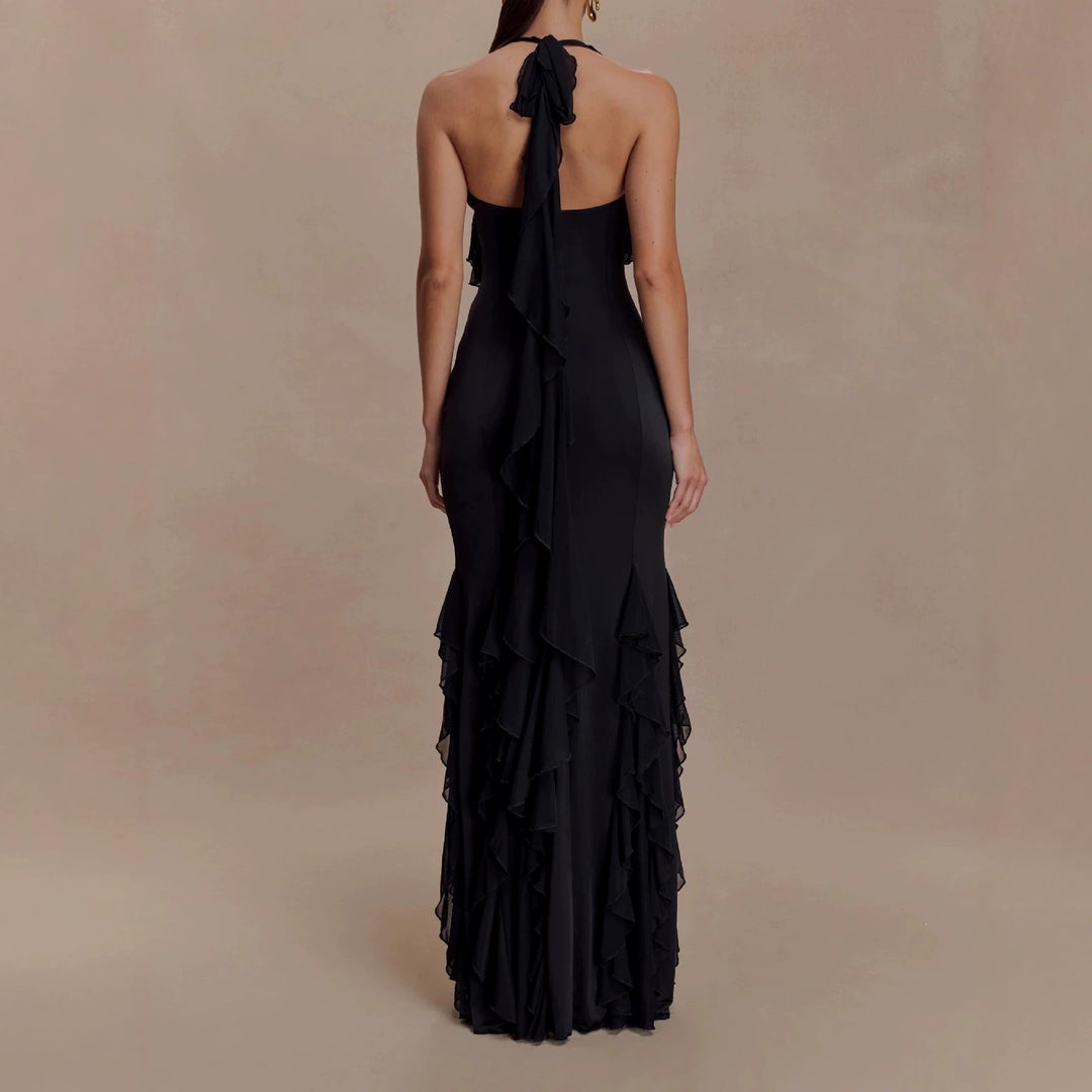 Damen Elegantes Langarm-Maxikleid mit Rüschendetails R&B