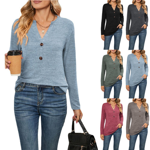 Damen Langarm-Hemd mit Knopfleiste und elegantem V-Ausschnitt R&B
