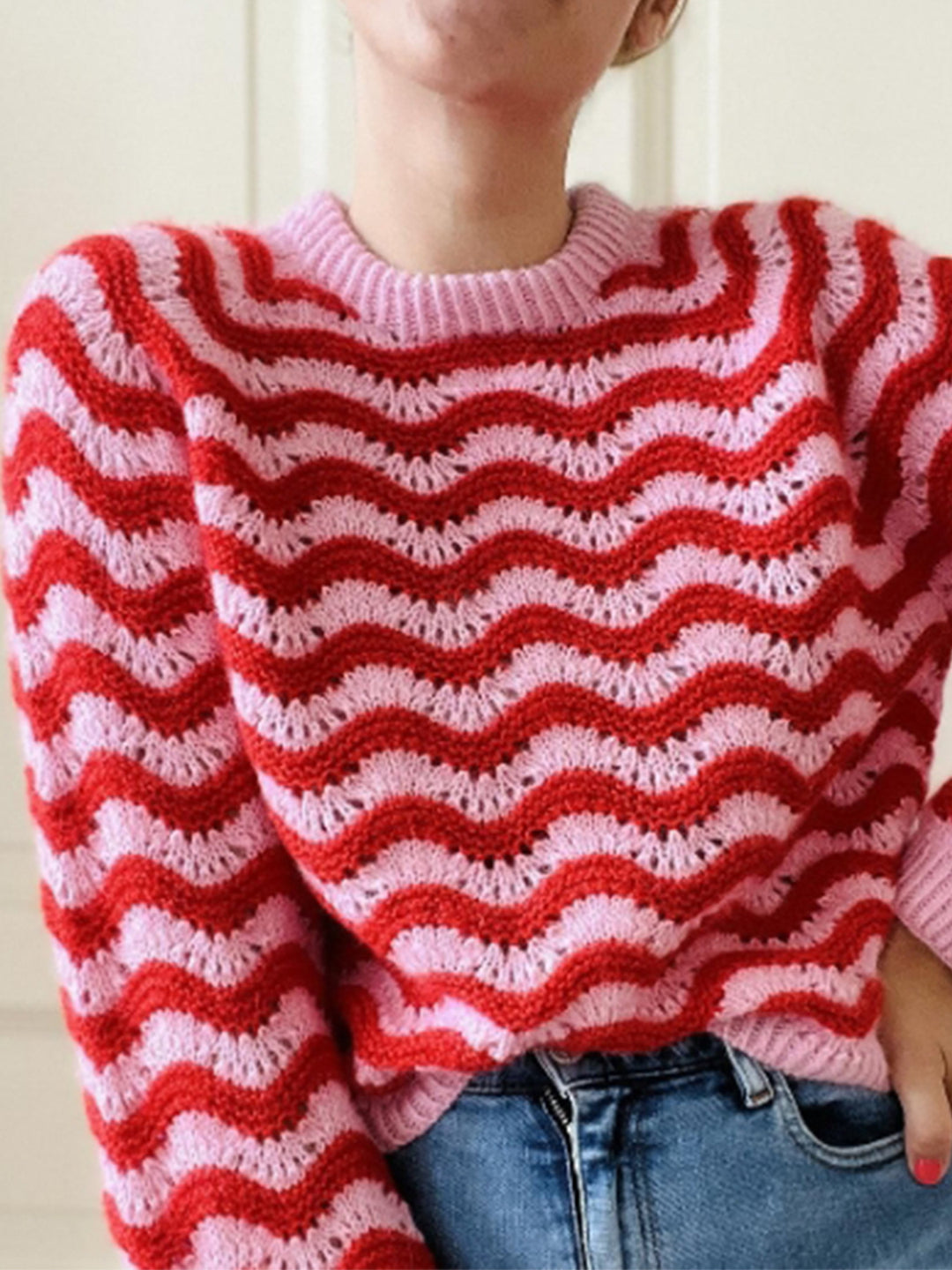 Damen Strickpullover mit wellenförmigem Muster und großzügigem Schnitt R&B
