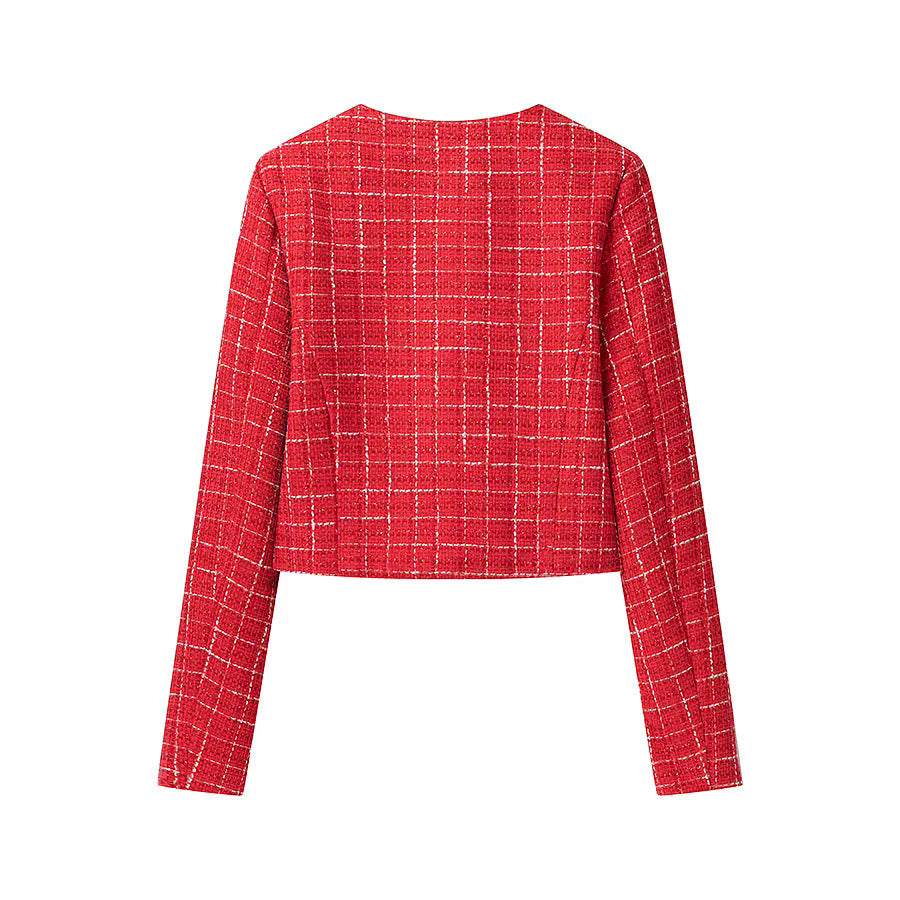 Damen Kurzjacke im klassischen Karomuster mit dekorativen Knöpfen R&B