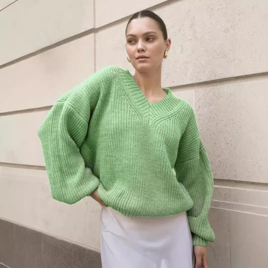 Damen V-Ausschnitt Strickpullover mit voluminösen Ärmeln und strukturierter Oberfläche R&B