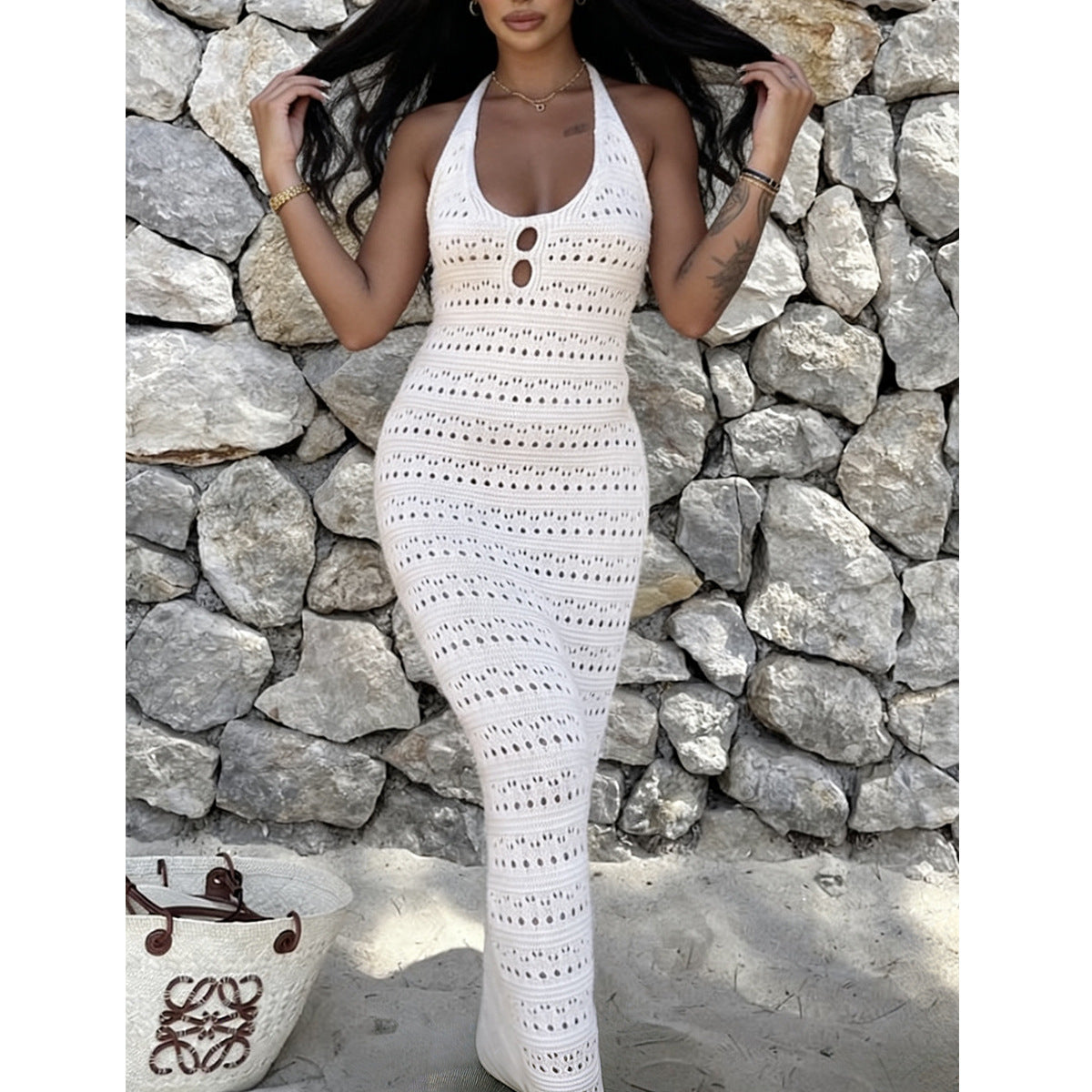 Damen Häkel-Maxikleid mit modischen Cut-Outs und lockerer Passform R&B