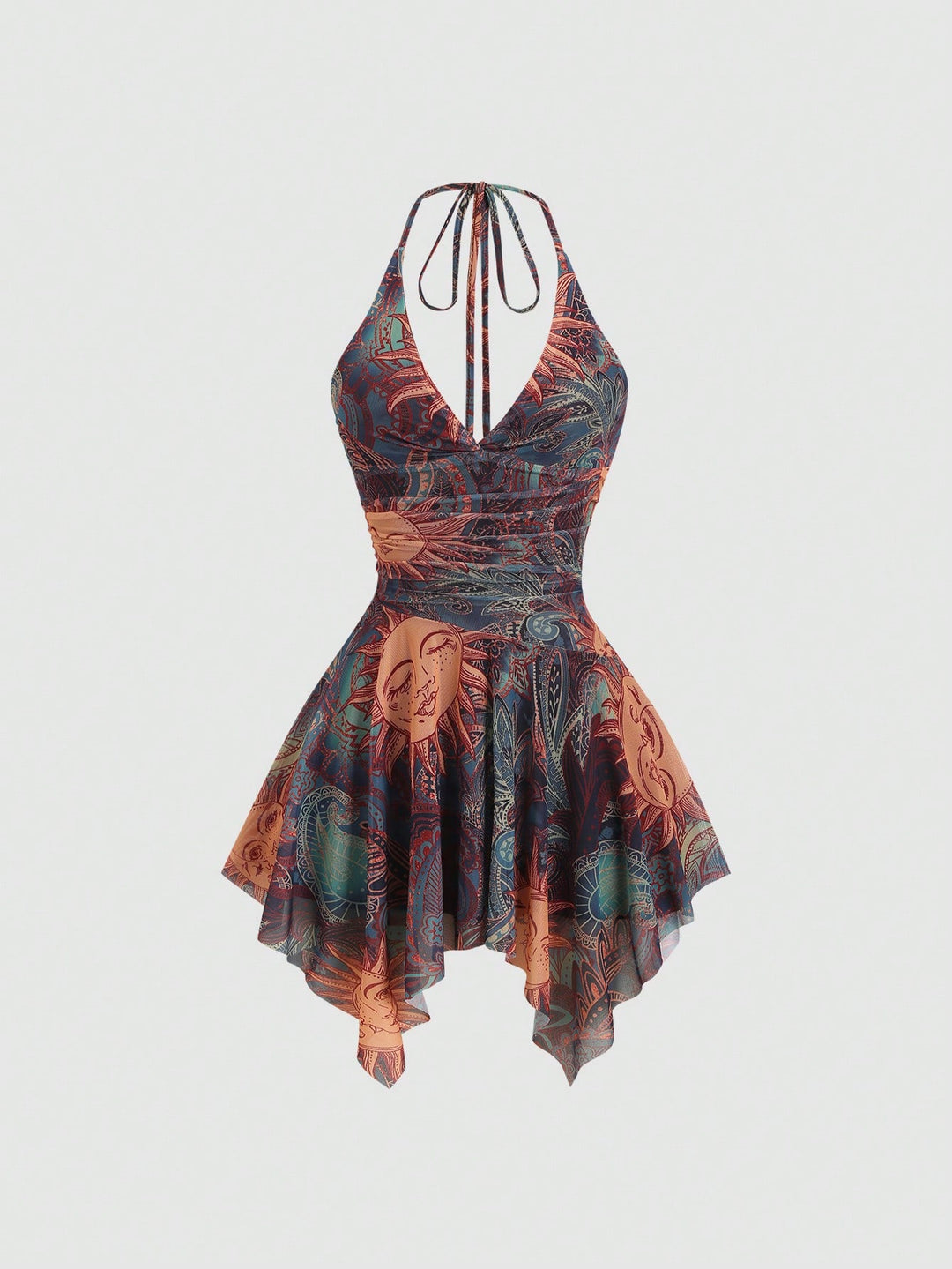 Damen lässiges Strandkleid mit asymmetrischem Saum und raffiniertem Druck R&B
