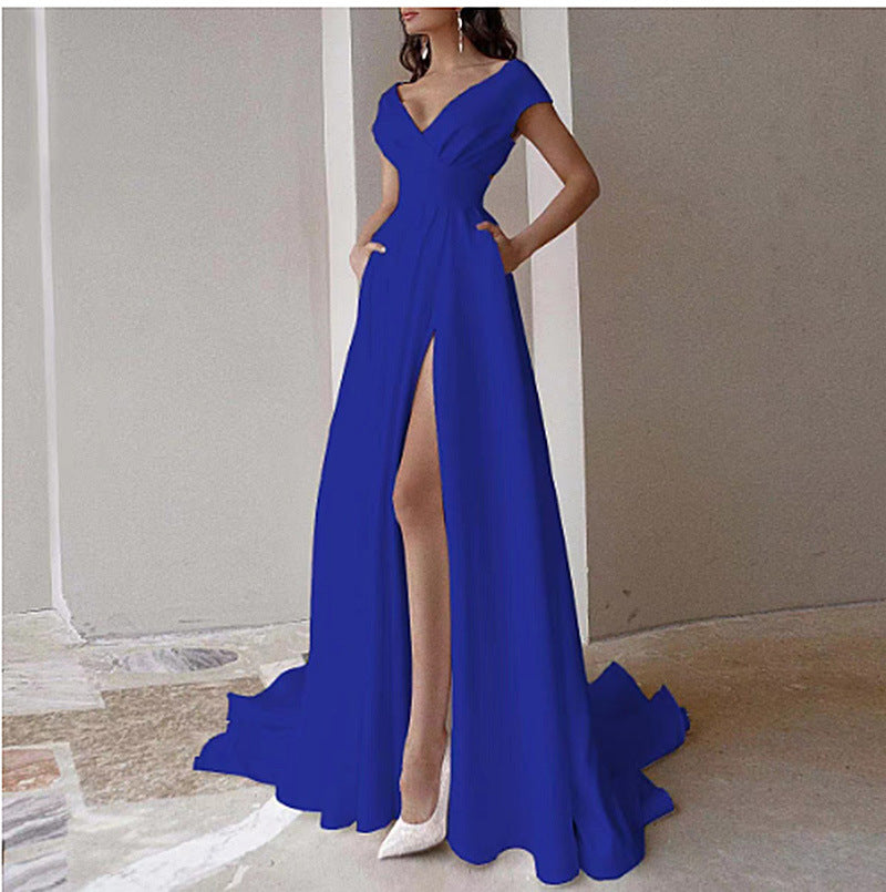 Damen elegantes Maxikleid mit tiefem V-Ausschnitt und seitlichem Schlitz R&B