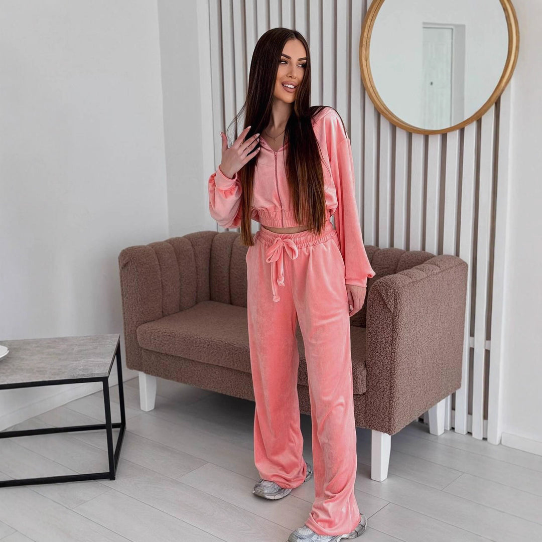 Damen elegantes Velours Lounge-Set mit cropped Oberteil und weitem Hosen R&B